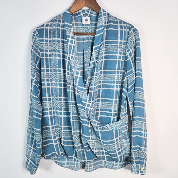 Cabi Blue Windowpane Faux Wrap Sheer Long Sleeve Blouse Size Small Feminine - Picture 1 of 9